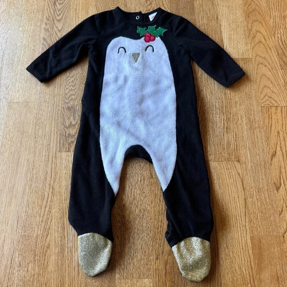 Holiday Time Penguin Infant Pajamas Glitter Fleece 6-9 Months